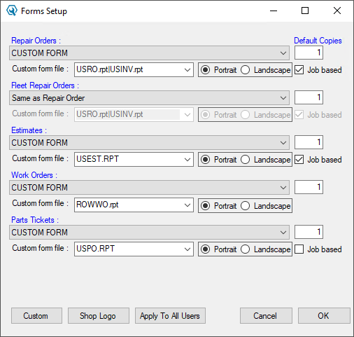 Custom forms selected in the Form Types Configuration setting.