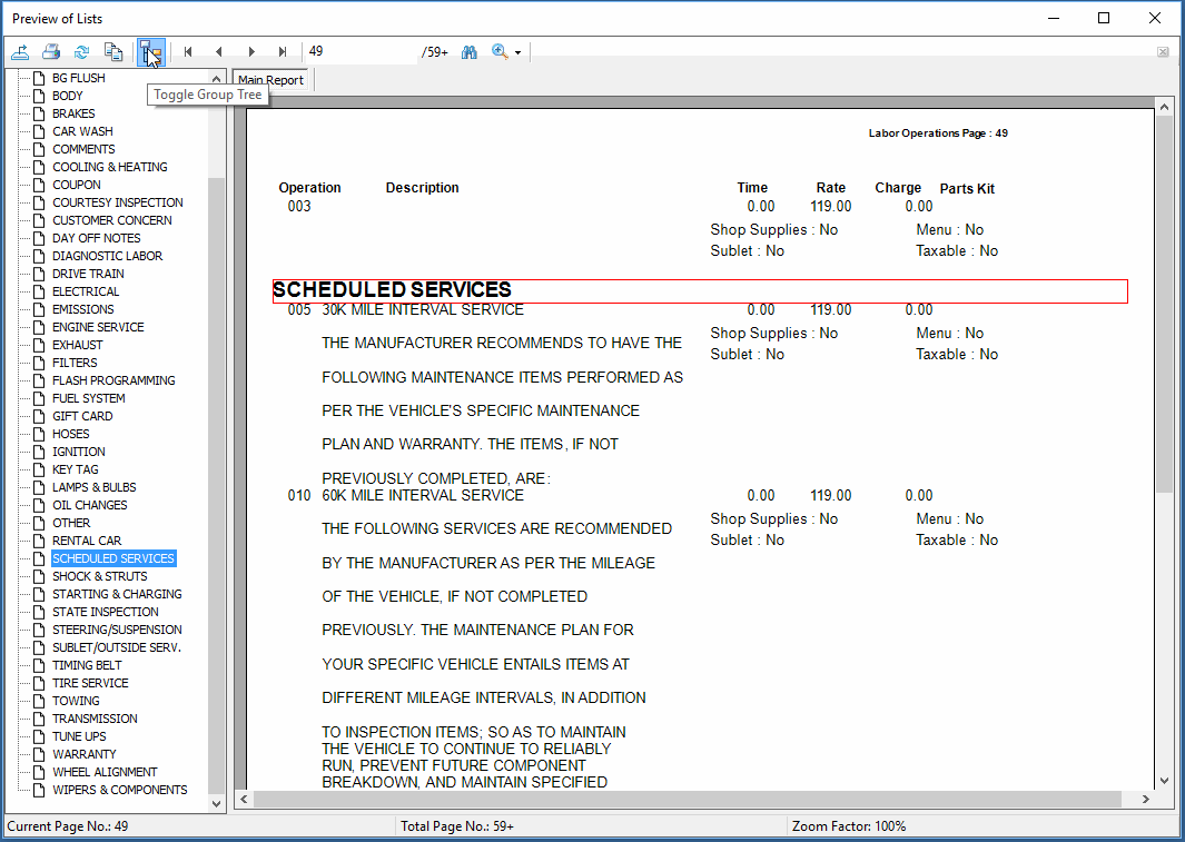 Closing and opening the tree viewer on a list report.