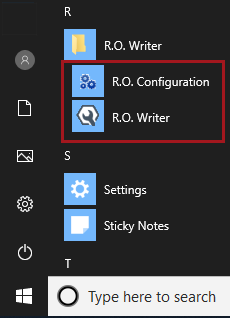 RO Writer icons on the Start menu.