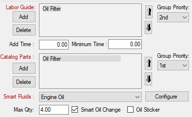 Oil Filter in the Labor Guide and Catalog Parts sections. 