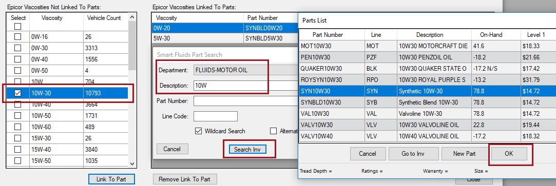 The search results on the Parts list over the Smart Fluids Part Search window with the viscosity selected. 