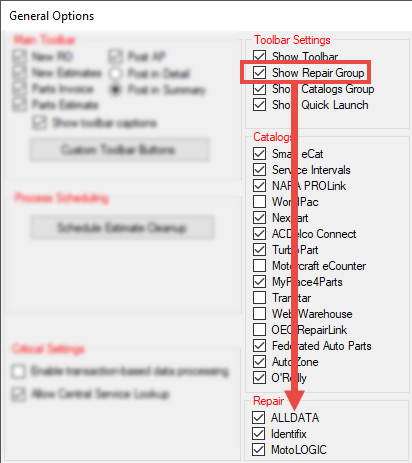 Alldata connect selected on the General Options window.