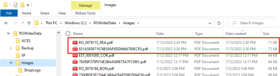 The Images folder with the friendly name and GUID name PDFs.