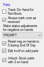 The Parts section of the RO Options window.