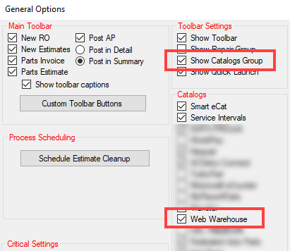 The General Settings window with Web Warehouse selected. 