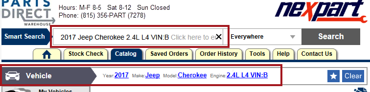 the catalog window showing the vehicle information selected on the ACES Vehicle Selector window.