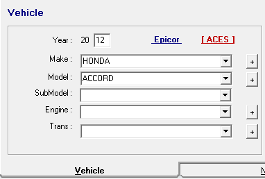 The aces vehicle field partially completed from the epicor information already entered. 