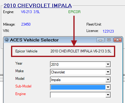 The Epicor label on the ACES Vehicle Selector.