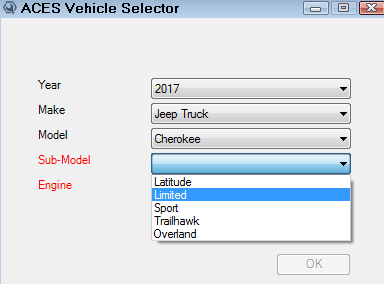 The ACES Vehicle Selector window with the sub-model dropdown list expanded.