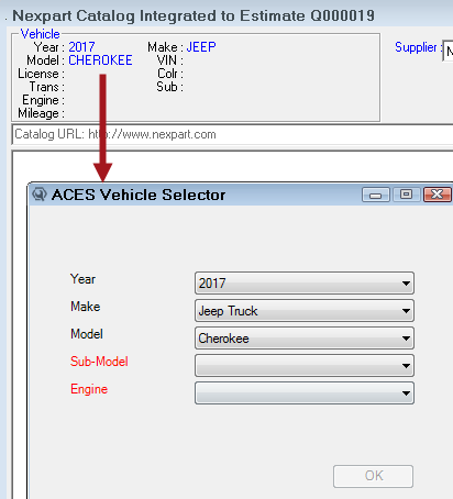 The catalog window with the ACES Vehicle Selector window over it.