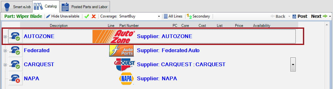 The AutoZone supplier section with a green checkmark on the phone icon.
