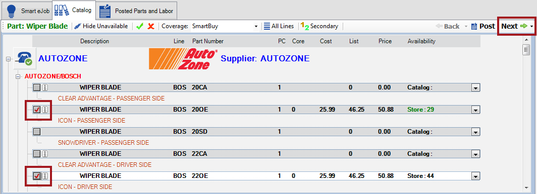 parts selected in the AutoZone supplier section.