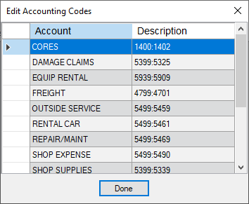 the Edit Accounting Codes window.