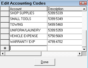 the Edit Accounting Codes window with a new account being added.