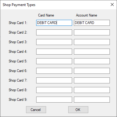 the Shop Payment Type window.