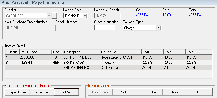 Invoice detail results on the post to AP detail window.