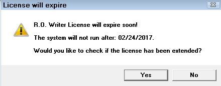 The prompt notifying you that the license will expire soon and the date R.O. Writer will no longer run.