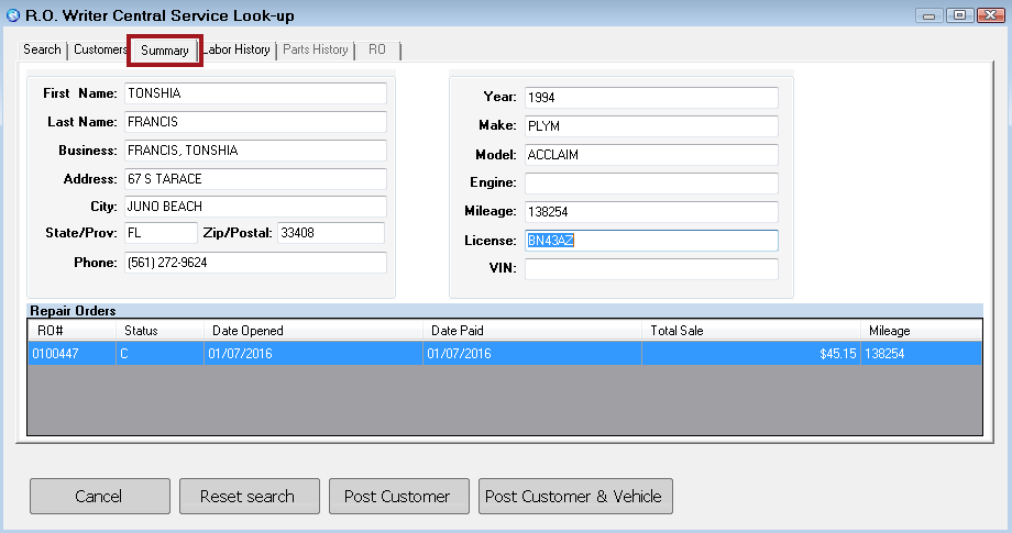the Summary tab displaying a list of repair orders associated with a customer and vehicle.