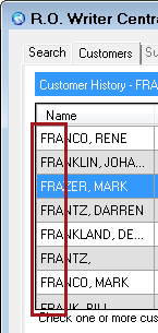 The customer tab showing name search results matching the beginning of the last name.