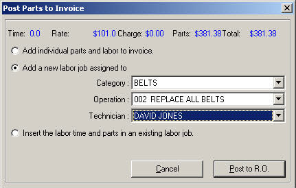 The Post Parts to Invoice window.