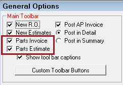 the Parts Invoice and Parts Estimate boxes checked on the General Options window.