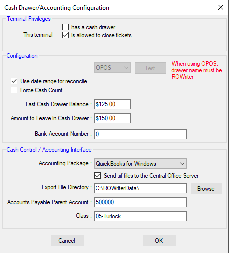 The Cash Drawer/Accounting Configuration window.