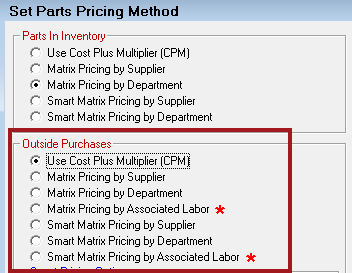 The Outside Purchases section circled on the Set Parts Pricing Method window.