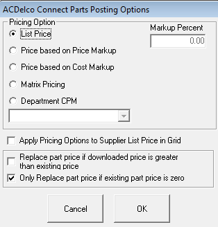 The ACDelco Connect Parts Posting Options window.