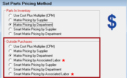 The Outside Purchases section circled on the Set Parts Pricing Method window.