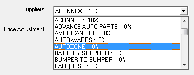 The Suppliers dropdown list showing the adjustment percentage set for each supplier. 