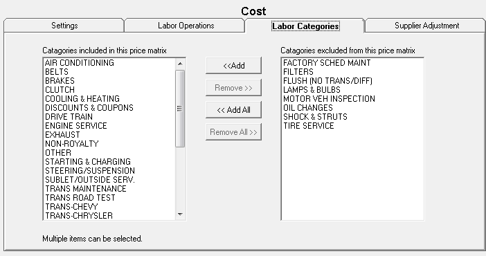 The Labor Categories tab for Smart Matrix Pricing by Associated Labor