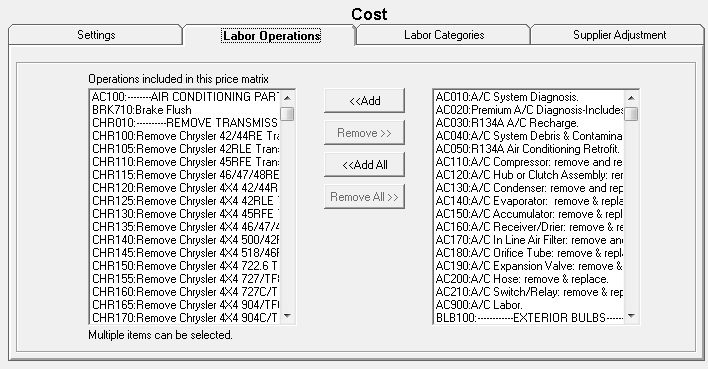 The Labor Operations tab for Smart Matrix Pricing by Associated Labor