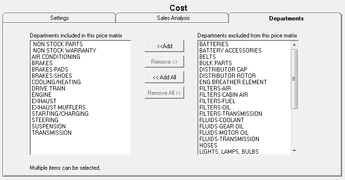 The Departments tab for Smart Matrix Pricing by Department