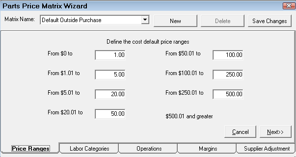 The Price Ranges tab for Matrix Pricing by Associated Labor