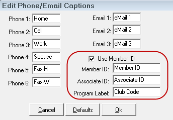 The Edit Phone/Email Captions window with the Member ID entries circled.