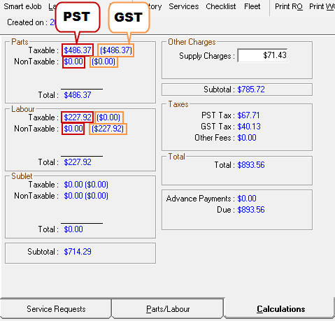The PST and GST values on the Calculations tab.