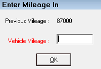 The Enter Mileage in window with the Vehicle Mileage field blank.