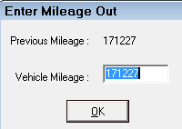 The Enter Mileage out window with the previous mileage entered into the Vehicle Mileage field.