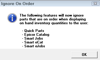 The Ignore On Order window listing the areas affected.