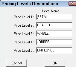 The Price Level Descriptions window.
