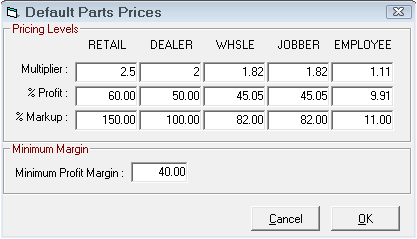 The Default Part Prices window.