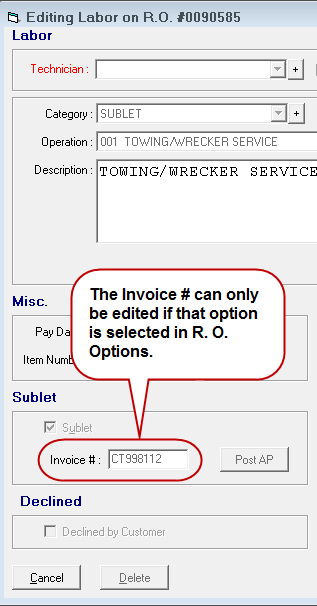 The Invoice # field disabled in the Sublet section of the Editing labor window.