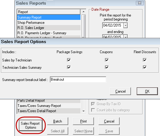 The Sales Report Options window with discount boxes opened over the Sales Reports window.