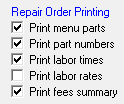 The Repair Order Printing section of the repair order options window.