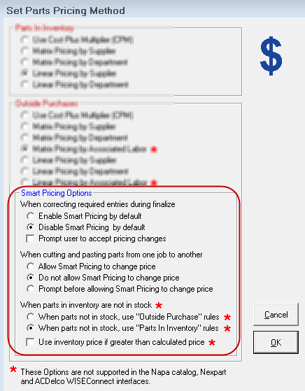 Smart Pricing Options circled on the Set Parts Pricing Method window.