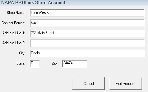 the NAPA PROLink Store Account window.