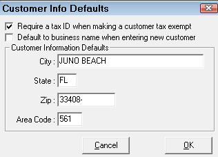 the Customer Info Defaults window.