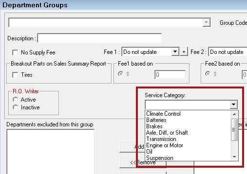 The parts department group window with the service category dropdown list expanded.
