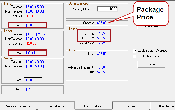 the Calculations tab showing the PST and GST tax and package price.