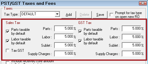 The PST/GST Taxes and Fees window with parts and labor tax set to 5%.